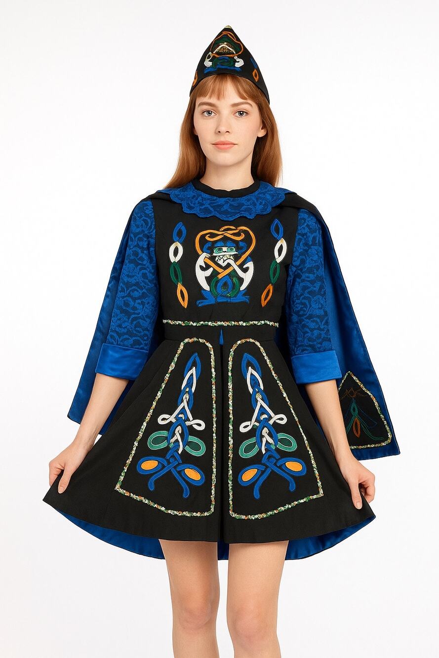 Vintage traditional Irish step dancing dress handmade, black & blue small medium
